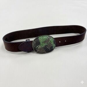 VTG Gap Womens Brown Leather Belt Rhinestone Camo Buckle 133316-00-1 Size XS